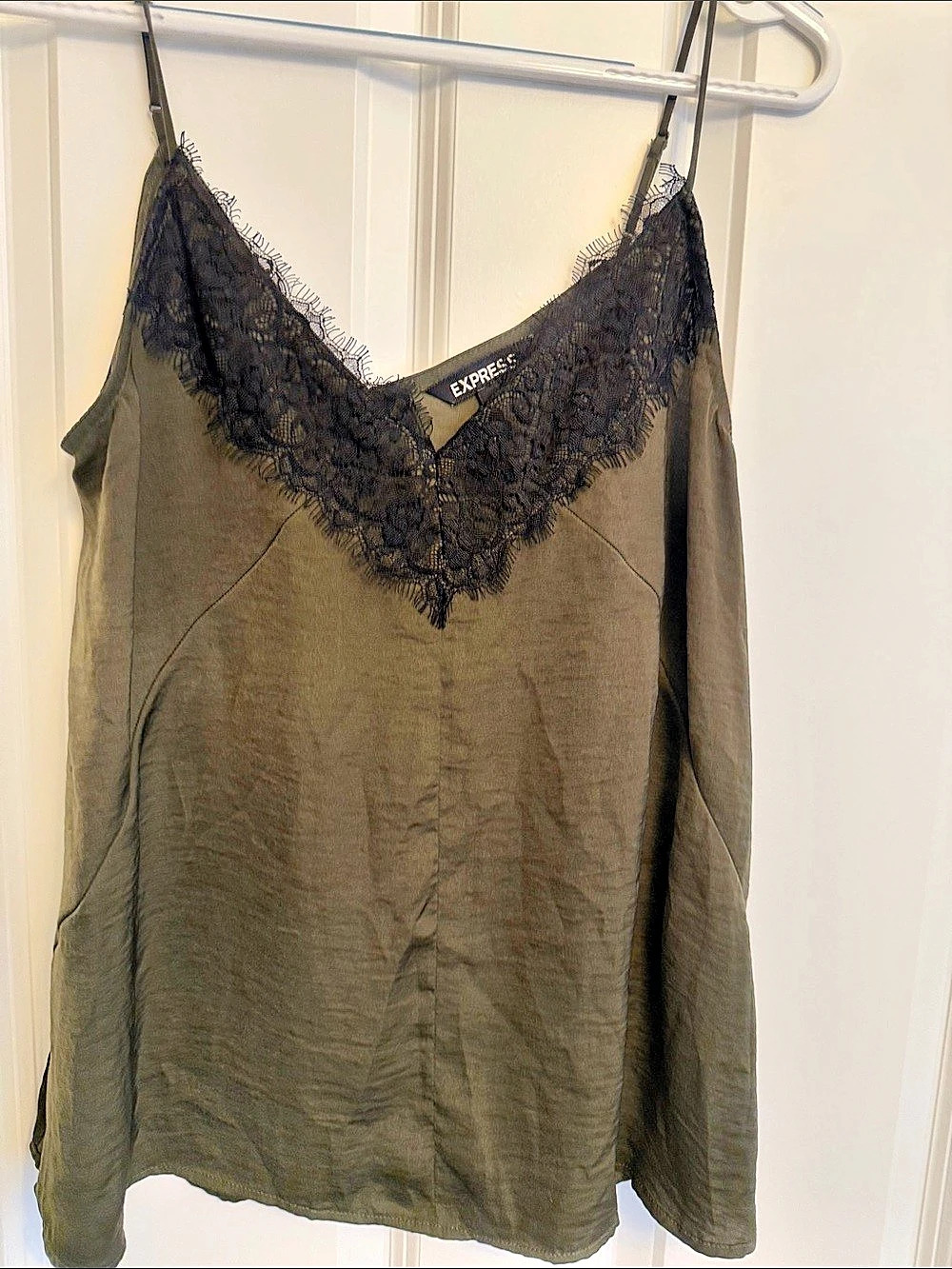 Express Satin Lace Trim V-Neck Cami Green & Black Medium Like New